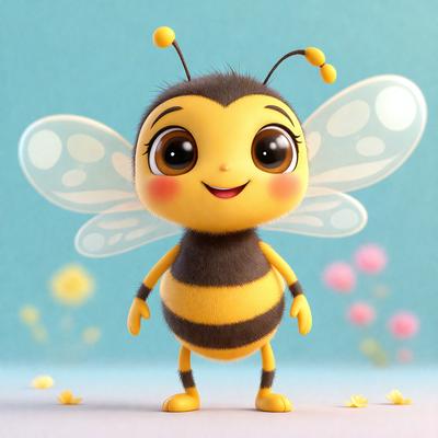 The primary subject of the image is a cute, cartoon-like bee with a yellow body and black wings. The bee is standing on a flower, which is part of a larger floral background. The visual style of the image is digital art, with a vibrant and cheerful color palette. The overall atmosphere of the image is light-hearted and playful.